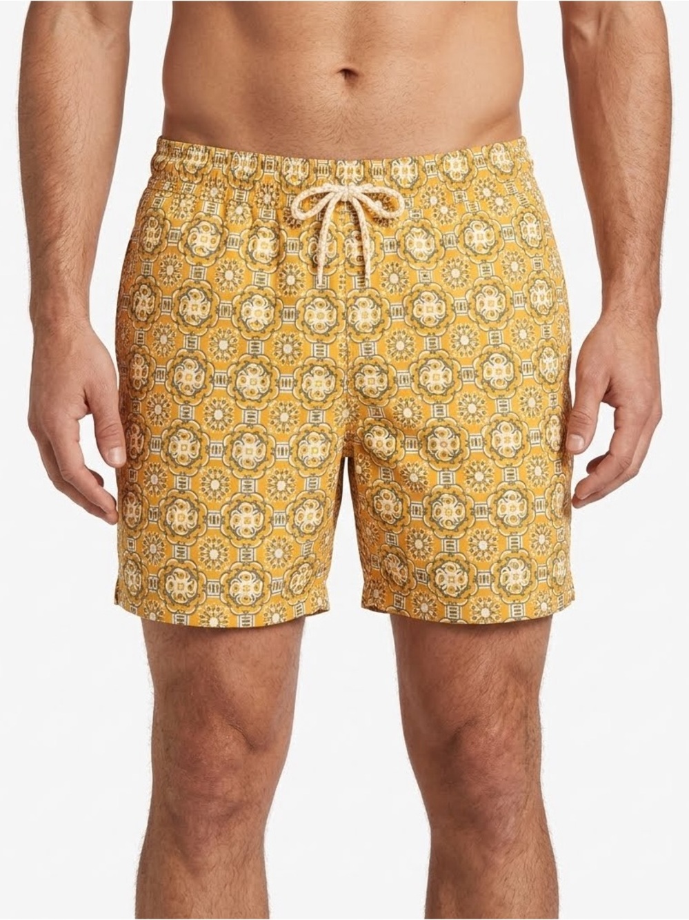 Men's Mustard Patterned Swim Shorts with Drawstring Goodfellow Medium